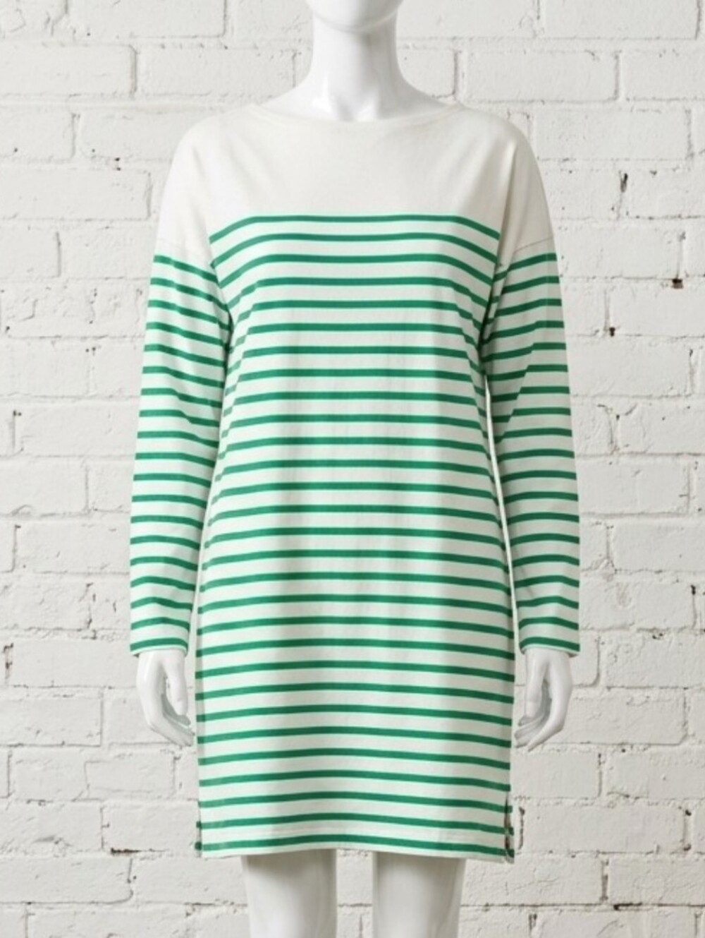Green and White Striped Long Sleeve  Tee Shirt Dress